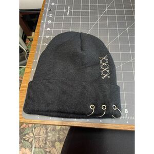 Hot Topic Black Knit Beanie Hat with Pierced Ring & Lace-Up Gothic Punk Style